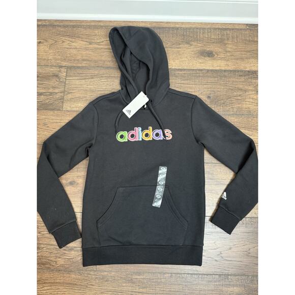 adidas Women's Navy Multicolor Logo Graphic Fleece Hoodie Sweatshirt Sz XS NWT - Picture 1 of 4